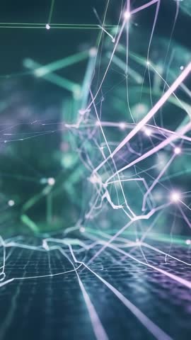 Vertical tech loop glowing network lines forming rotating mesh sphere over digital grid