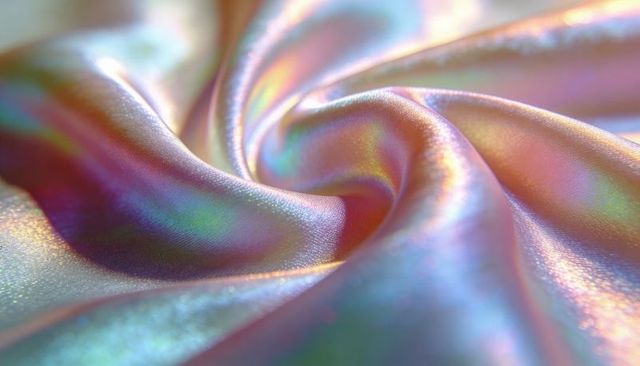 Iridescent satin spiral fold with pearlescent pastel gradient shimmer and soft light