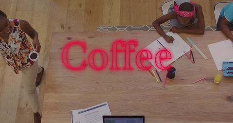 Mother Enjoying Coffee While Kids Drawing and Studying at Home