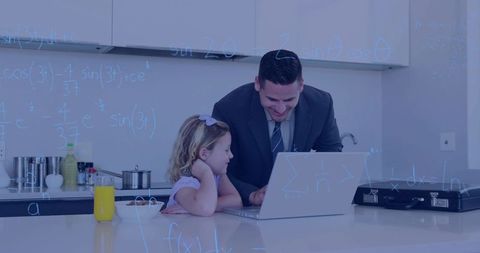 Smiling professional guiding child on laptop in kitchen with math overlay