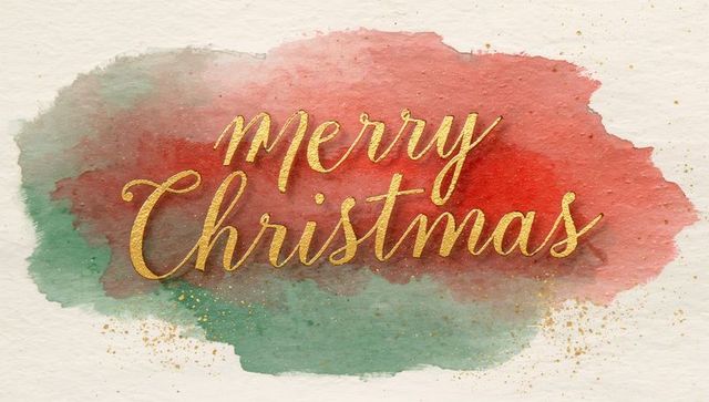 Gold foil merry christmas calligraphy on red and green watercolor wash with glitter