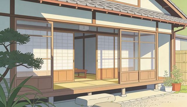 Sunlit Japanese Engawa Revealing Tatami Room with Shoji Screens and Tranquil Garden