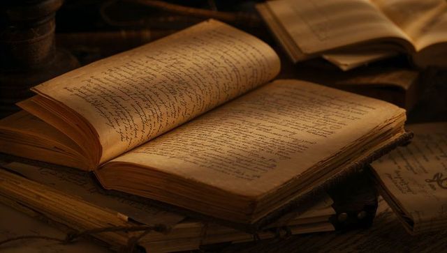 Open handwritten journal revealing antique manuscript on parchment with calligraphy inkpot
