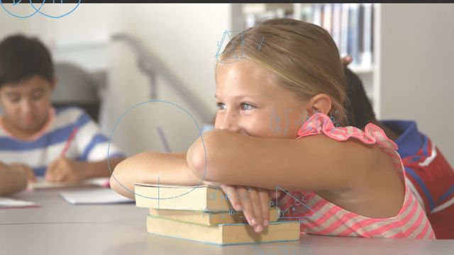 Young girl sitting at desk with stacks of books, smiling while animated math formulas move around. Image demonstrates a positive and welcoming classroom environment promoting enthusiasm for learning. Useful for educational materials, school campaigns, or student success promotions. Highlights engagement and joy in academic settings.