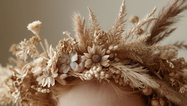 Dried floral crown with pampas grass in warm beige boho style for wedding and editorial