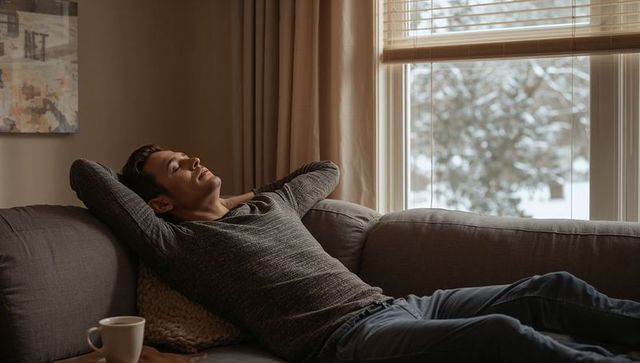 Young man relaxing on couch by snowy window with coffee, knit throw, cozy mood
