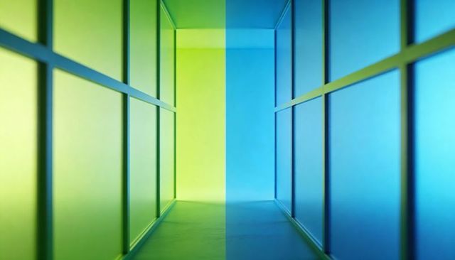 Duotone Green-Cyan Architectural Corridor Showing Symmetry, Geometric Perspective, Minimalist Design