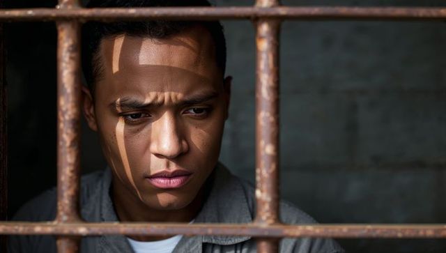 Solitary Man in Prison Cell with Rusty Bars Reflecting