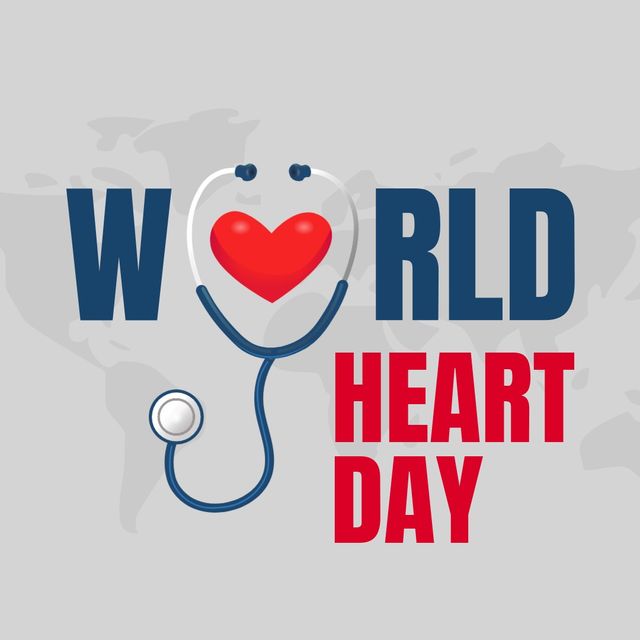 World heart day text banner with red heart and stethoscope against world map on grey background. World heart day awareness concept