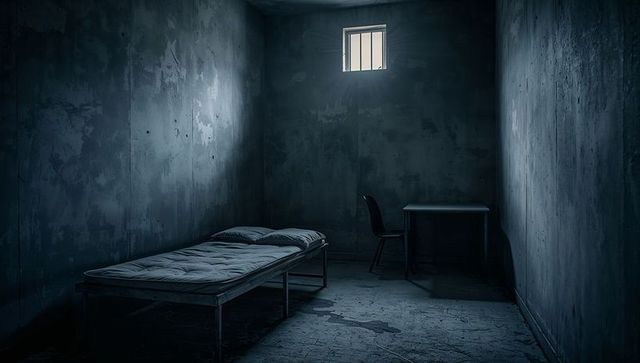 Gloomy Concrete Cell Interior with Bed and Minimal Furnature
