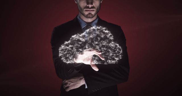 Businessman Touching Digital Cloud with Sparkling Lights on Red Background - Download Free Stock Images Pikwizard.com