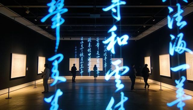 Visitors exploring neon blue calligraphy installation in dark museum gallery
