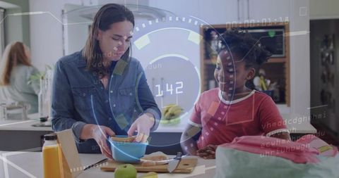 Parent teaching child cooking with augmented-reality HUD overlay in modern kitchen