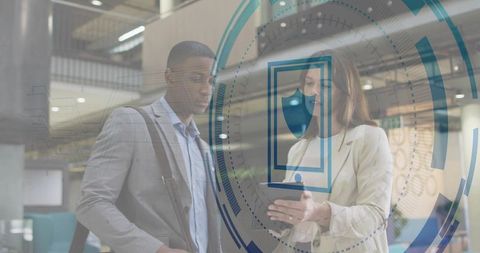 Business professionals collaborating with smartphone and augmented reality interface