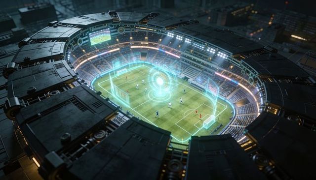 Futuristic circular stadium hosting holographic soccer match with neon analytics and packed crowd