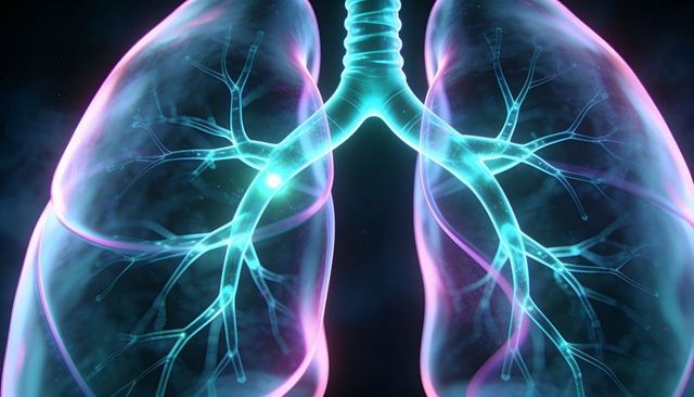 Transparent Lungs 3D Render with Neon Rim Lighting Showing Trachea and Bronchioles