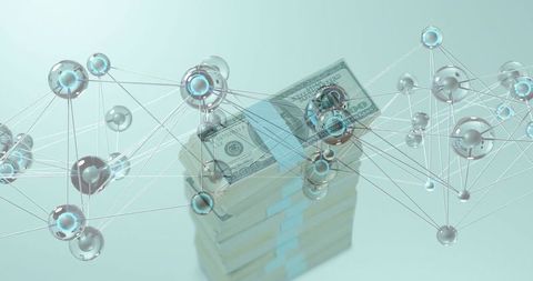 Digital finance network connecting stacked dollar bundles with glowing data nodes