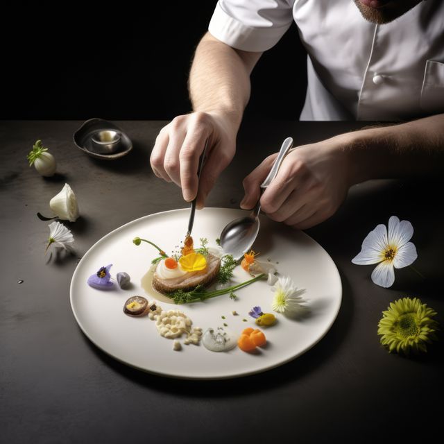 Chef is carefully arranging a gourmet dish with intricately designed garnishes on a large white plate, highlighting sophistication and attention to detail. Background is minimalist with dark tones, emphasizing the dish. Ideal for use in culinary magazines, gourmet food blogs, fine dining restaurant promotions, and cooking classes.