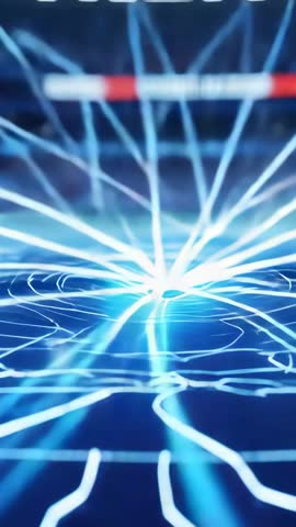 Pulsing neon-blue node sending filaments across digital grid forming glowing web