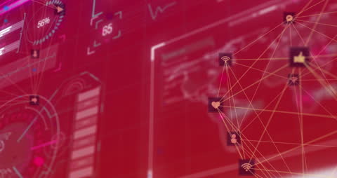 High-Tech Digital Network Interface on Red Background