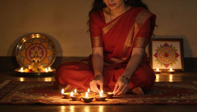 Indian woman lighting diyas in red sari for diwali at home with mandala decor