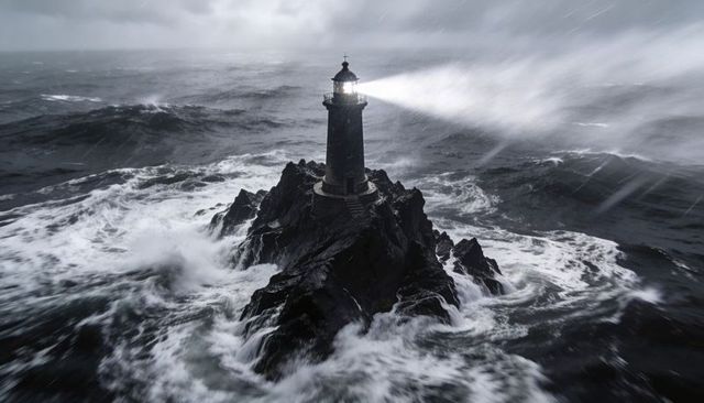 Solitary lighthouse standing on jagged islet guiding through stormy sea and waves