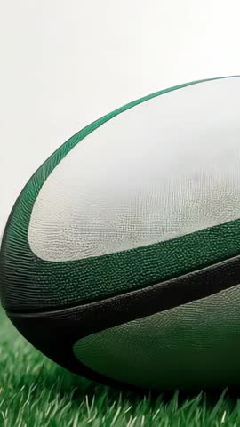 Vertical video rugby ball rotating on turf revealing green stripes with copy space
