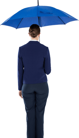 Transparent Rear View Businesswoman Holding Blue Umbrella
