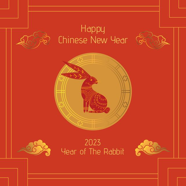 Composition of happy chinese new year text over rabbit on red background. Chinese new year, tradition and celebration concept digitally generated image.