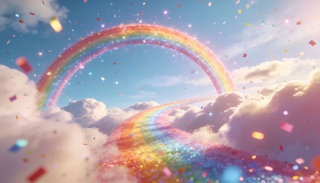 Sparkling rainbow pathway winding through sunlit clouds with confetti and glitter