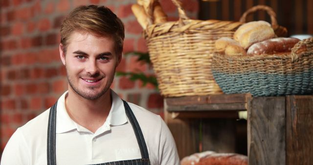 Smiling Baker Man Standing in Front of Fresh Breads at Bakery - Download Free Stock Images Pikwizard.com