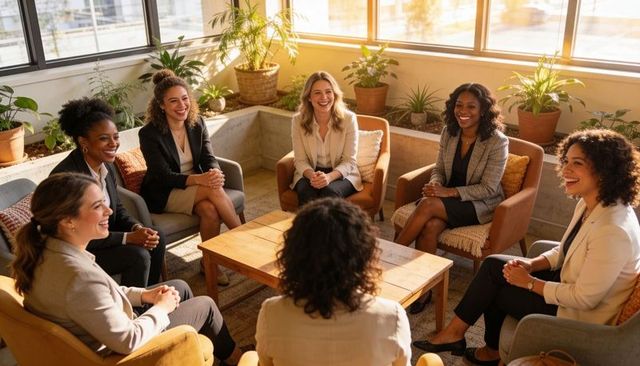 Professional women leading collaborative roundtable in sunlit biophilic office lounge