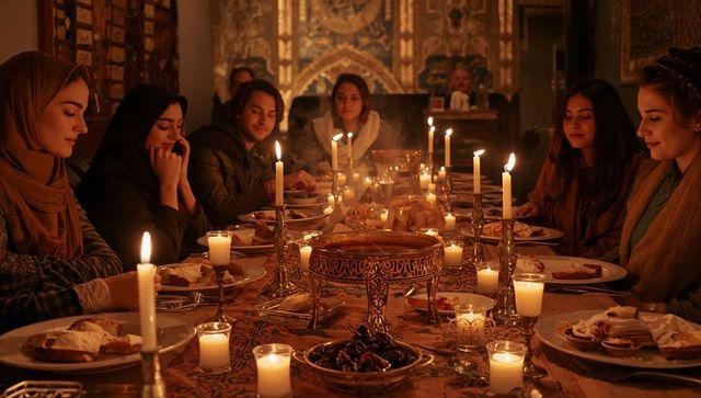 Candlelit Iftar Gathering with Hijab-Wearing Friends Around Ornate Table Sharing Meal