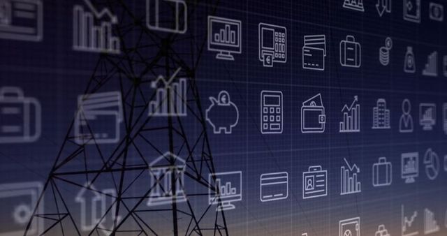 Lattice transmission tower with financial technology icons