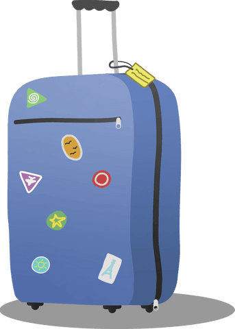 Big blue suitcase with travel stickers on transparent background