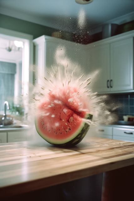 Watermelon exploding on countertop in kitchen created using generative ai technology. Explosion and fruit concept digitally generated image.