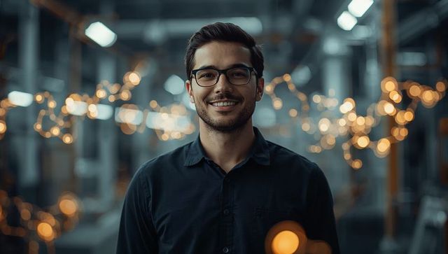 Young man smiling in warehouse with warm bokeh string lights, industrial portrait