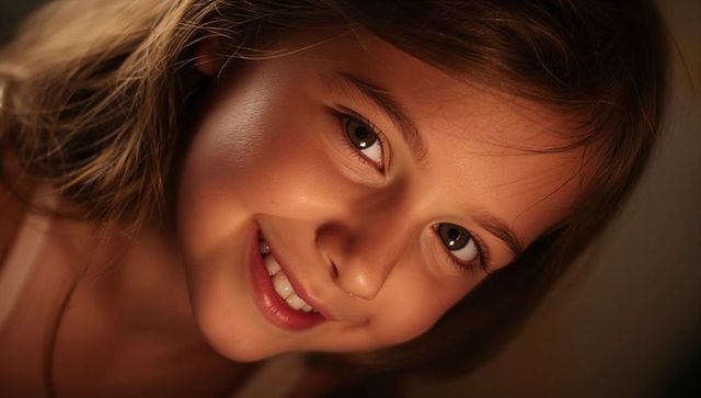Warm closeup portrait of smiling preteen girl with gap tooth and soft golden glow