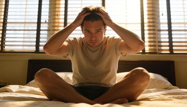 Man sitting cross-legged on bed running hands through hair in warm morning light, thinking