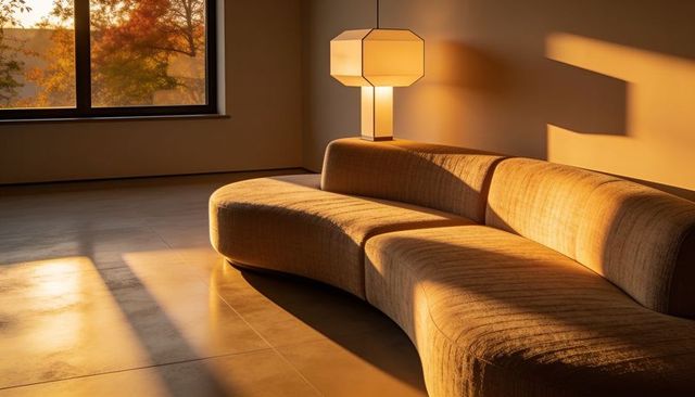 Basking curved beige sofa bathing in golden hour glow with geometric lamp shadow
