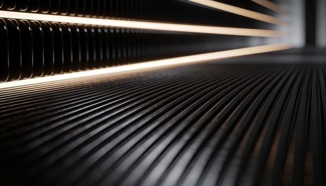 Ribbed escalator treads highlighting futuristic led trim and strong linear perspective