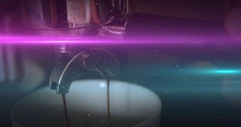 Cinematic Espresso Pour from Portafilter Dual Spout with Magenta and Teal Light Flares