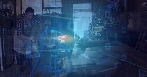 Craftsman operating lathe with augmented reality HUD and digital interface in woodshop