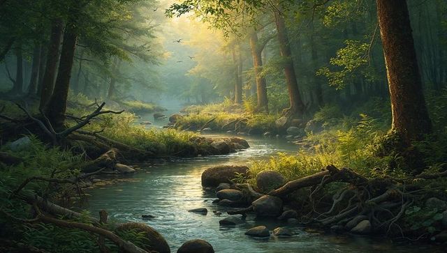 Sunlit Creek Flowing Through Moss-Covered Rocks and Ferns in Enchanted Woodland Morning