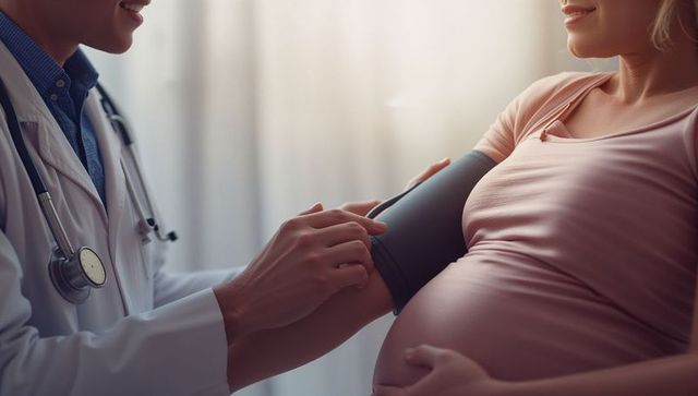 Pregnant woman receiving blood pressure checkup from doctor