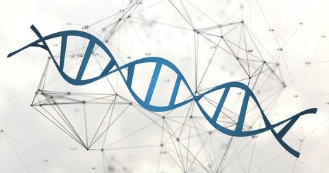 Blue DNA Strand on Abstract Geometric Background