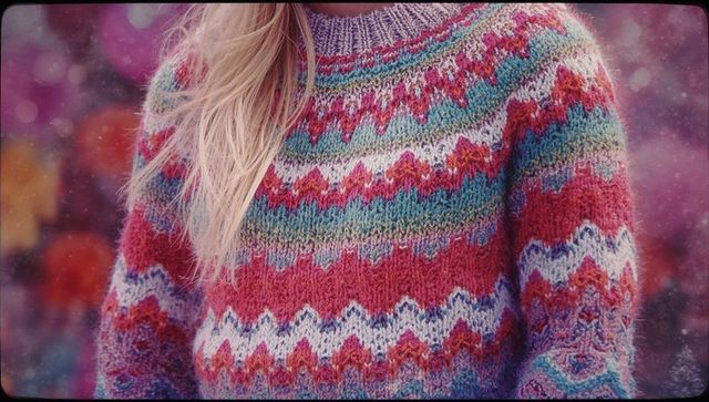 Cozy winter fashion: woman wearing colorful knit sweater in snow