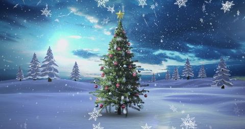 Festive Snow-Covered Christmas Tree in Tranquil Winter Wonderland