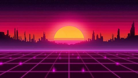 Glowing neon sun sinking over retro-futuristic grid and silhouetted cyberpunk skyline