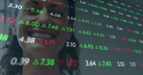 Business Woman Interacting with Digital Stock Trade Interface Overlay